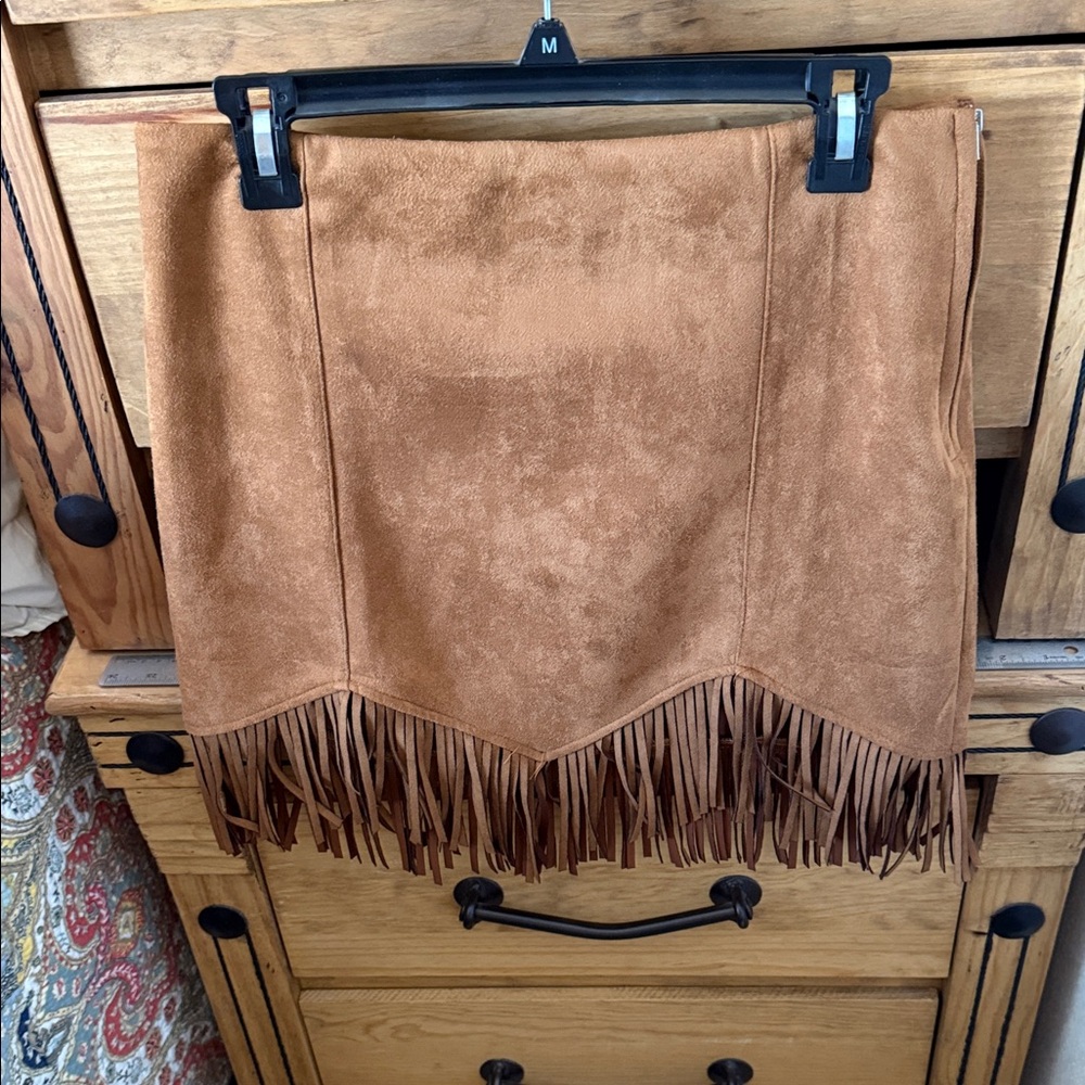 Brown Fringe Faux Suede Skirt